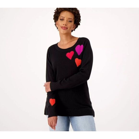 Belle by Kim Gravel Women Sweater Top ~sz M Desire Hearts Black Pink Red A568882 - Picture 1 of 6